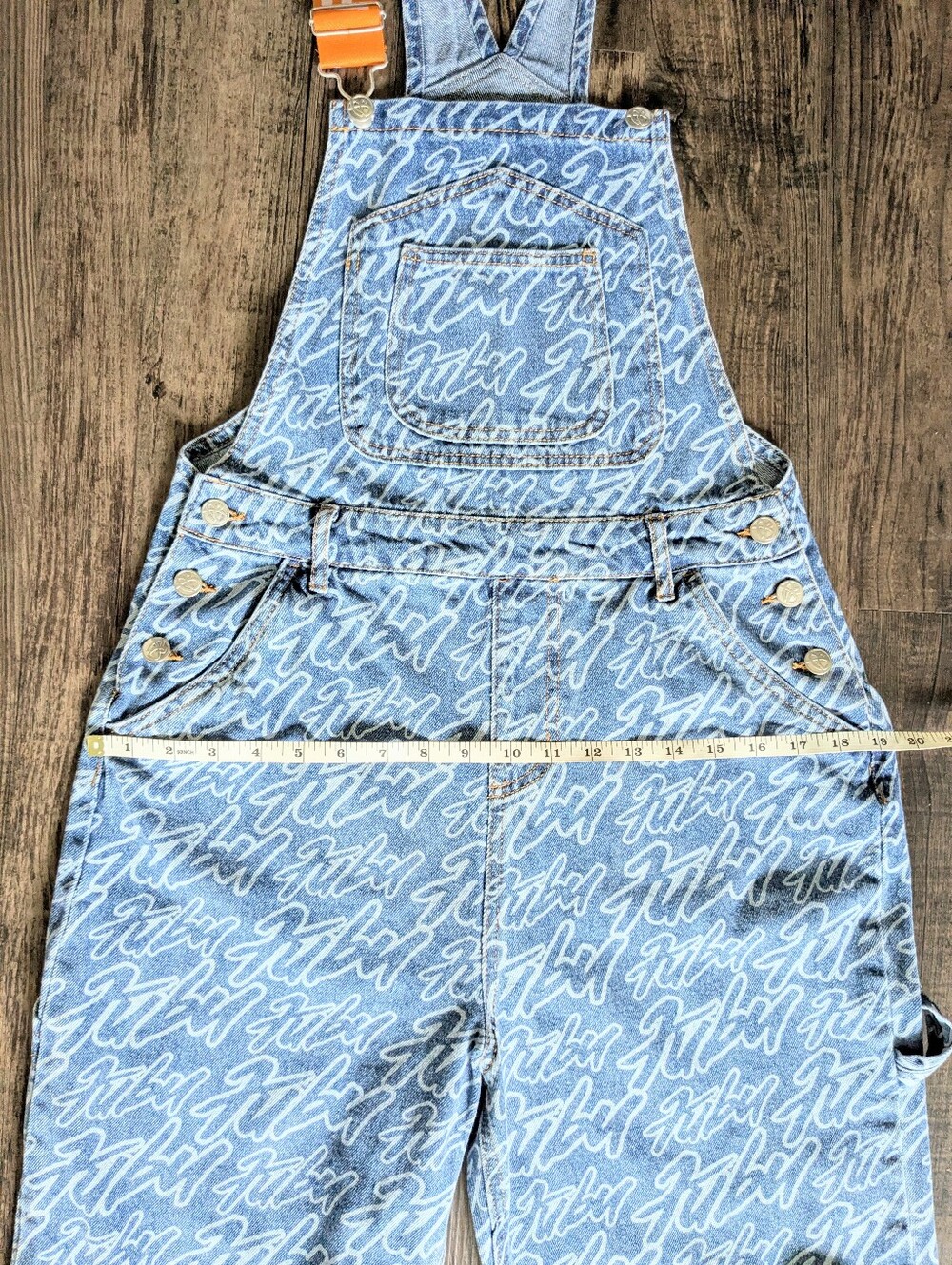 FUBU Logo Print Denim Overalls Blue Orange 2022 F21 Collab - Picture 10 of 14